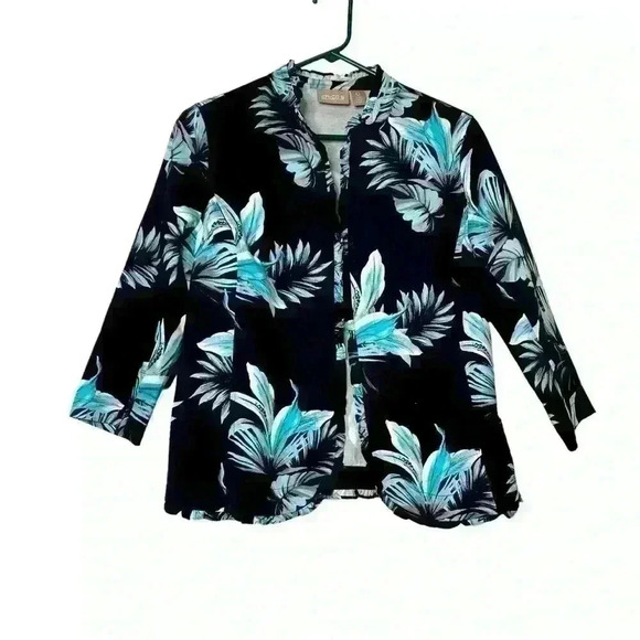 Chico's Black Blue Floral Frill
Ruffle Open Front Blazer Chico Size 0 - Picture 1 of 7